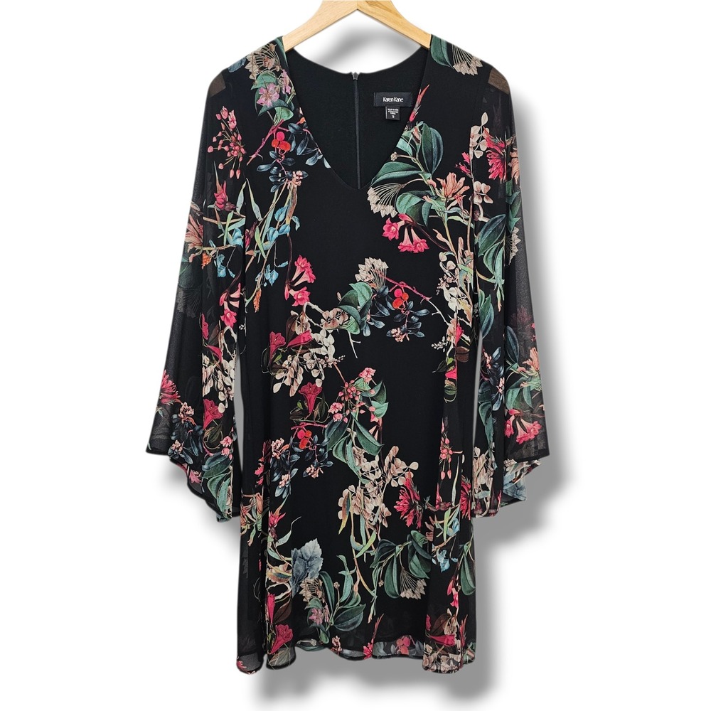 Karen Kane Dark Floral Dress S Bell Sleeve Black Pink Whimsigoth Fairy Cocktail